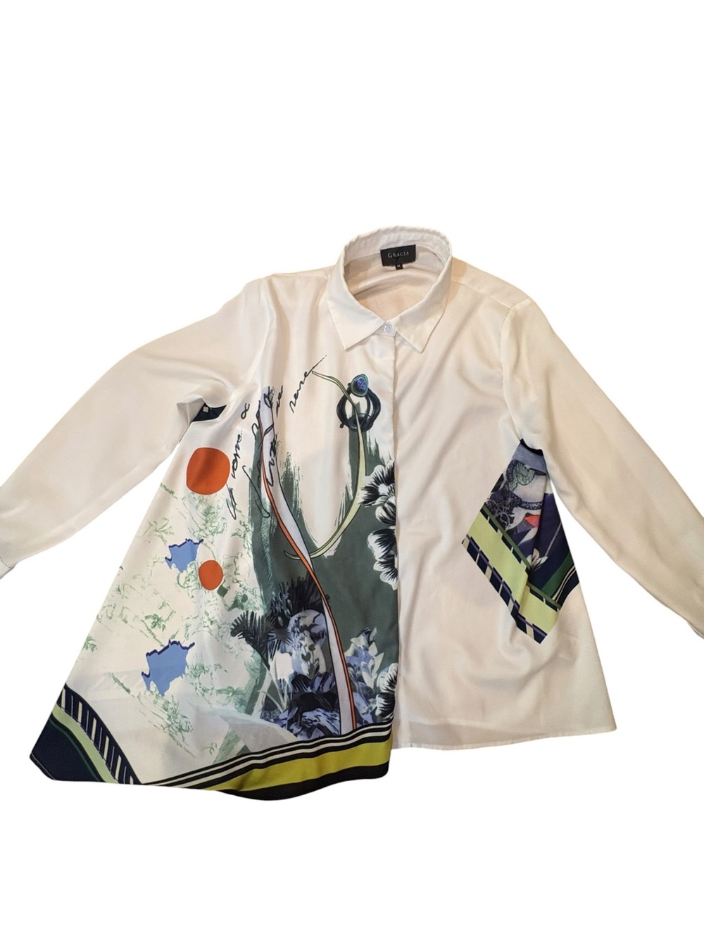Gracia Asymmetrical Art Print Button-Up Blouse Size M - Picture 11 of 15